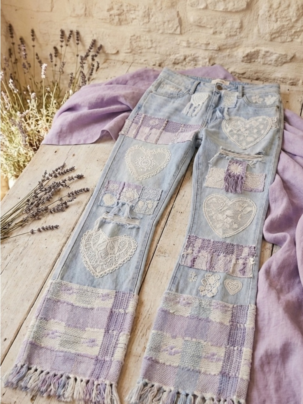 RARE Light Wash Women’s Heart Wide Leg Jeans with Lavender Accents OOAK Couture